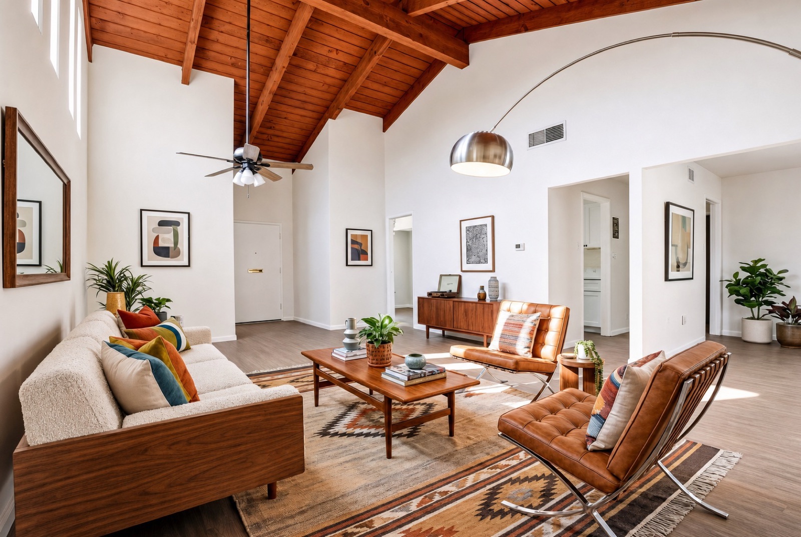 The same living room, fully staged